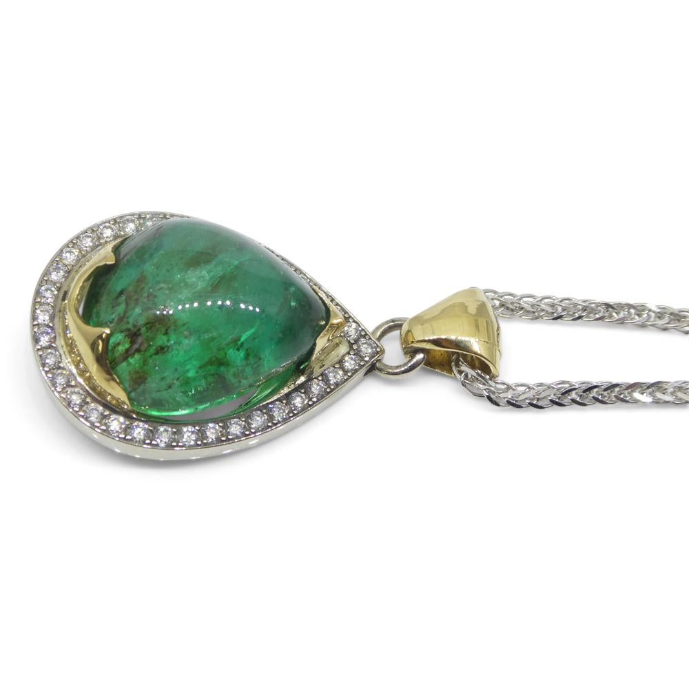 11.85ct émeraude poire cabochon, pendentif diamant en or blanc et jaune 14k en vente 5