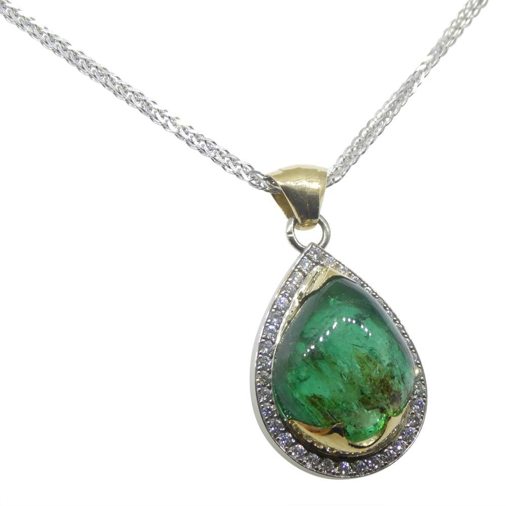 11.85ct émeraude poire cabochon, pendentif diamant en or blanc et jaune 14k Unisexe en vente