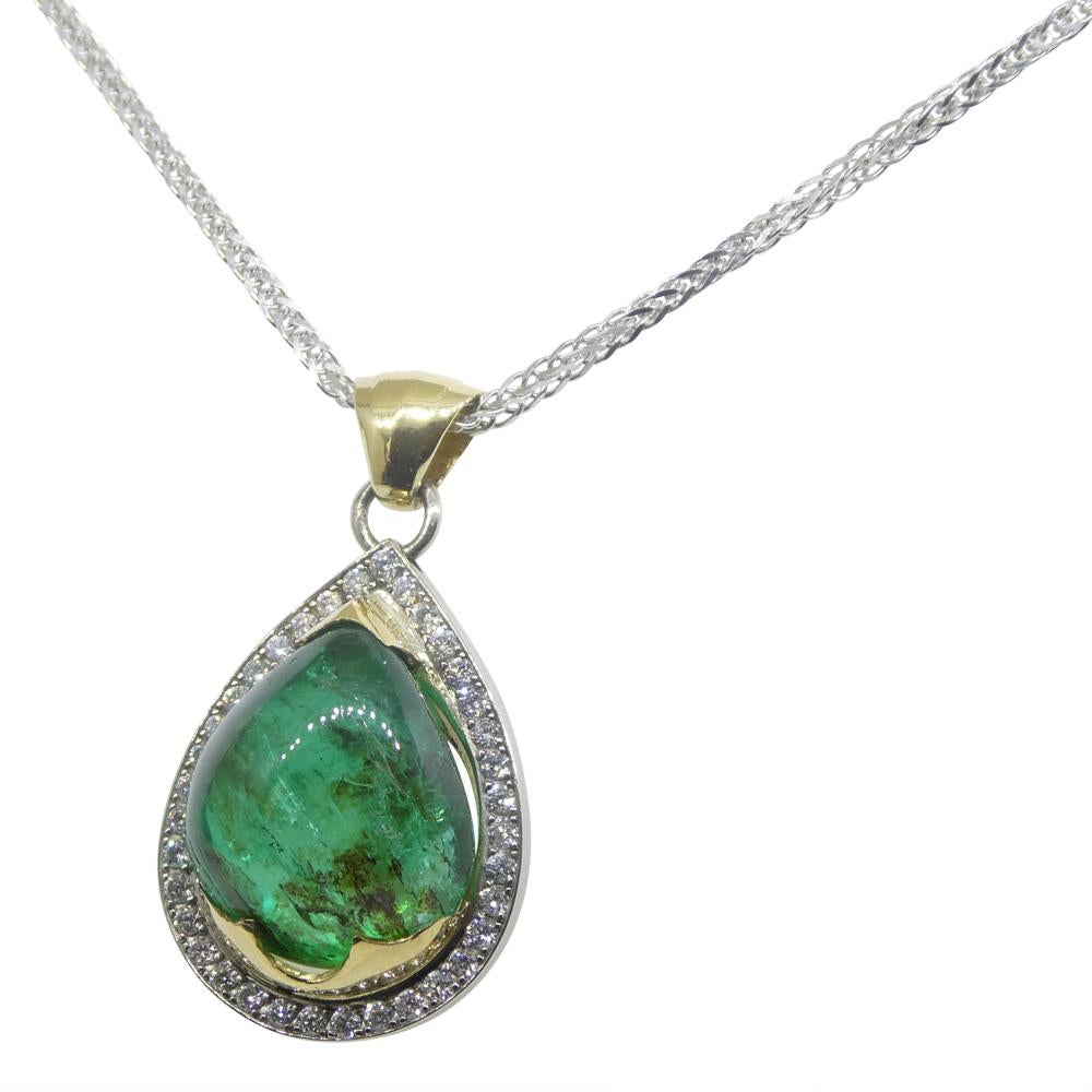11.85ct émeraude poire cabochon, pendentif diamant en or blanc et jaune 14k en vente 1