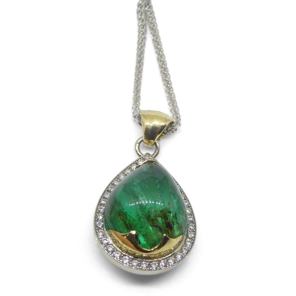 11.85ct émeraude poire cabochon, pendentif diamant en or blanc et jaune 14k en vente 2