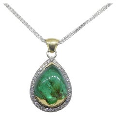11.85ct Pear Cabochon Emerald, Diamond Pendant set in 14k White and Yellow Gold