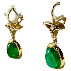 11.86 Carats Colombian Emerald Cabochon Dangle Earrings 18K Yellow Gold