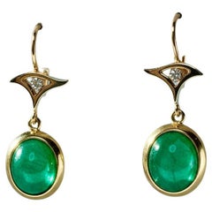 11.86 Carats Colombian Emerald Cabochon Dangle Earrings 18K Yellow Gold