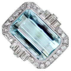 11.86ct Emerald Cut Aquamarine Cocktail Ring, Diamond Halo, Platinum