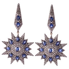 11.87 Carat Blue Sapphire and Diamond Dangle Earrings in Art-Deco Style