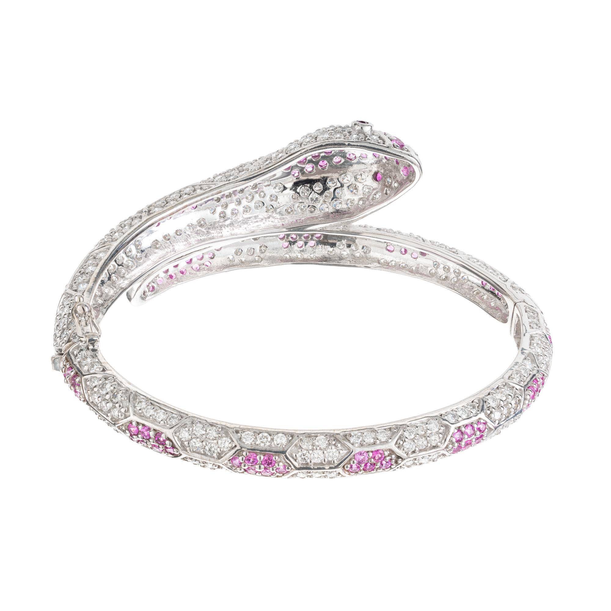 Round Cut 11.88 Carat Sapphire Ruby Diamond Gold Snake Bangle Bracelet For Sale