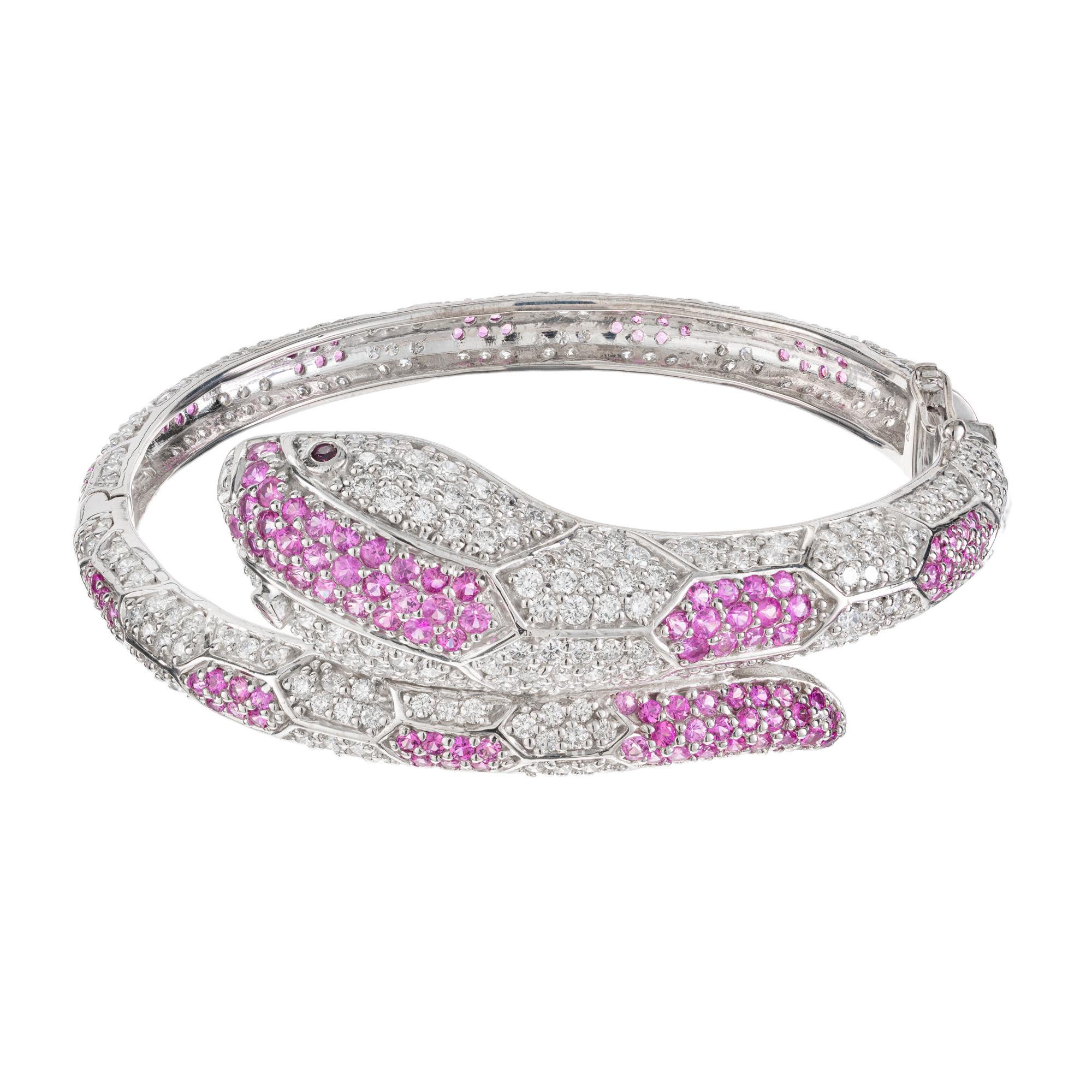 11.88 Carat Sapphire Ruby Diamond Gold Snake Bangle Bracelet For Sale 2