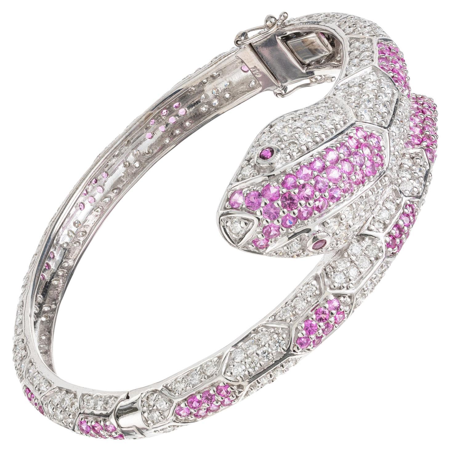 11.88 Carat Sapphire Ruby Diamond Gold Snake Bangle Bracelet For Sale