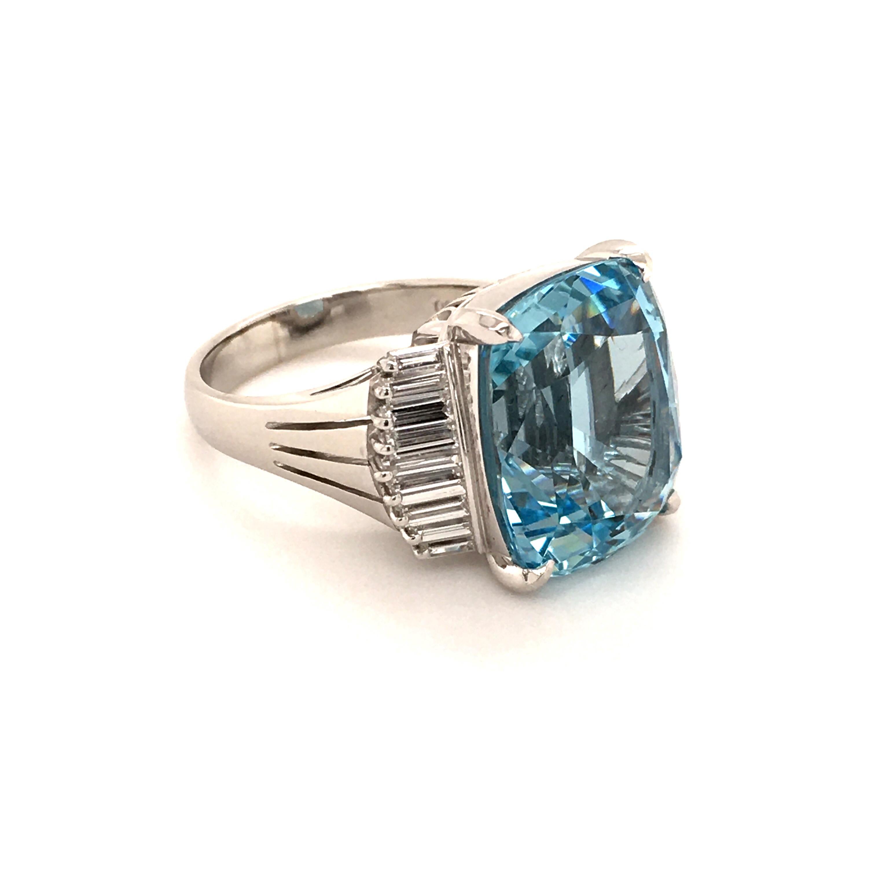 Cushion Cut 11.89 Carat Aquamarine Ring with Diamonds in Platinum
