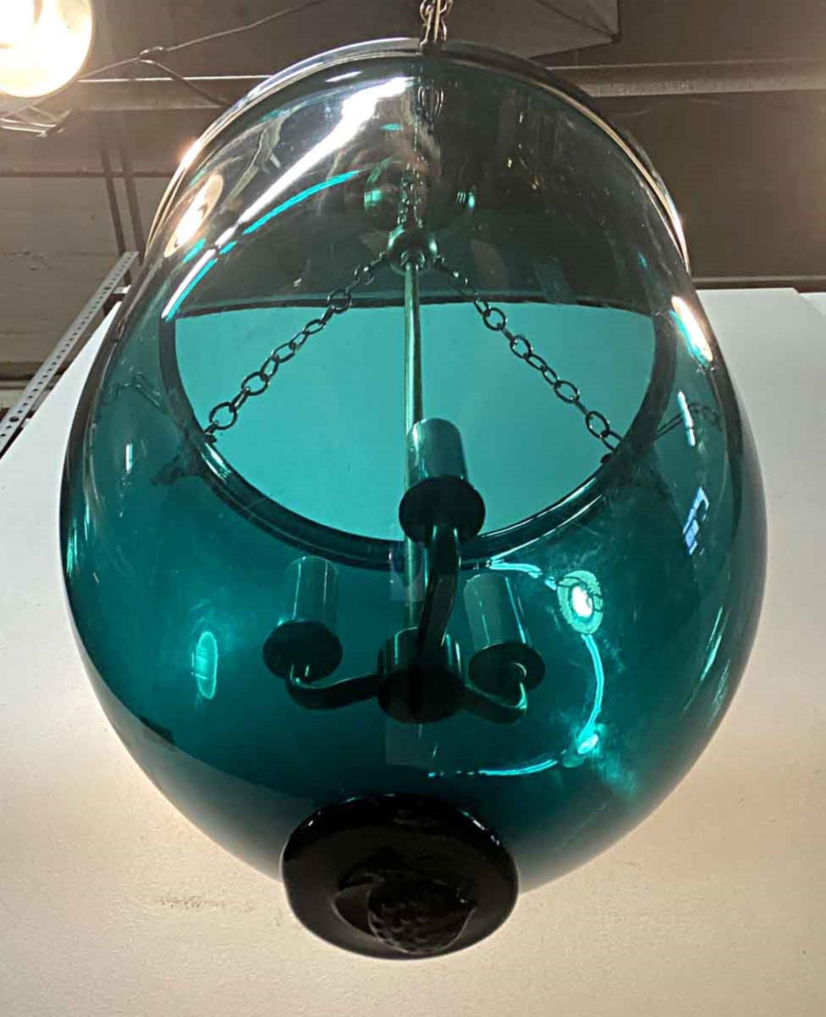 1890s Whale Oil English Blue Bell Jar Pendant Lantern, Now Electrified In Good Condition In New York, NY