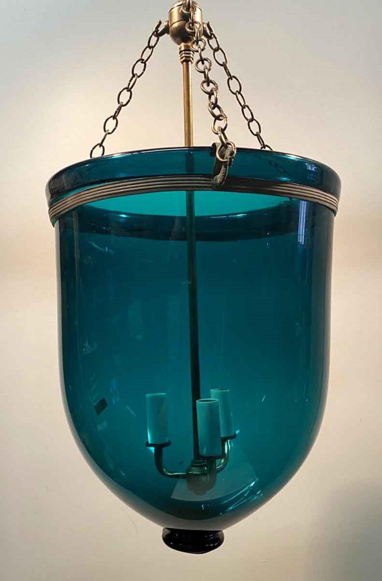 Late 19th Century 1890s Whale Oil English Blue Bell Jar Pendant Lantern, Now Electrified