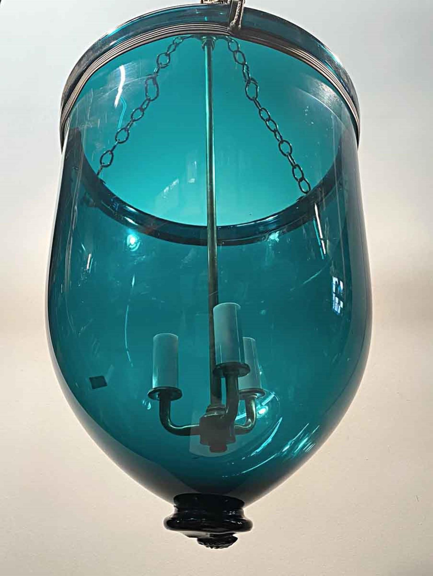 Brass 1890s Whale Oil English Blue Bell Jar Pendant Lantern, Now Electrified