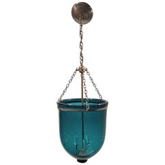 Antique 1890s Whale Oil English Blue Bell Jar Pendant Lantern, Now Electrified