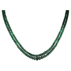 118ct 14K Natural Rondelle Emerald Bead 2-Strand Necklace 22" Dark Green 585