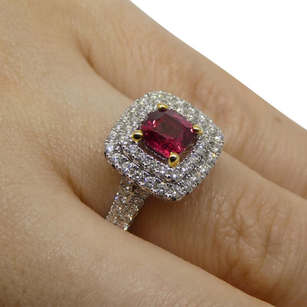 Contemporary 1.18ct Cushion Ruby, Diamond Engagement/Statement Ring in 18K White and Yellow G For Sale