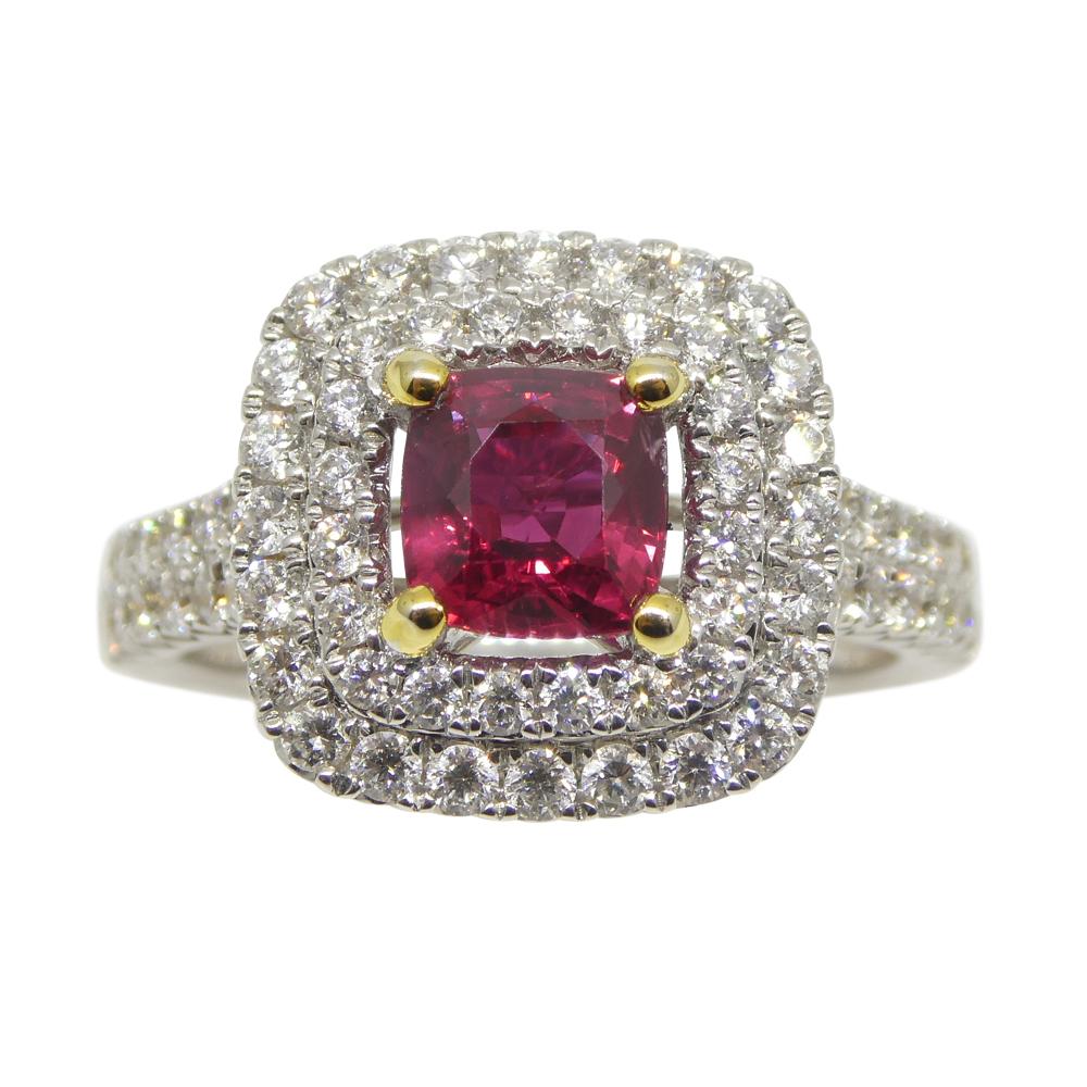 Cushion Cut 1.18ct Cushion Ruby, Diamond Engagement/Statement Ring in 18K White and Yellow G For Sale