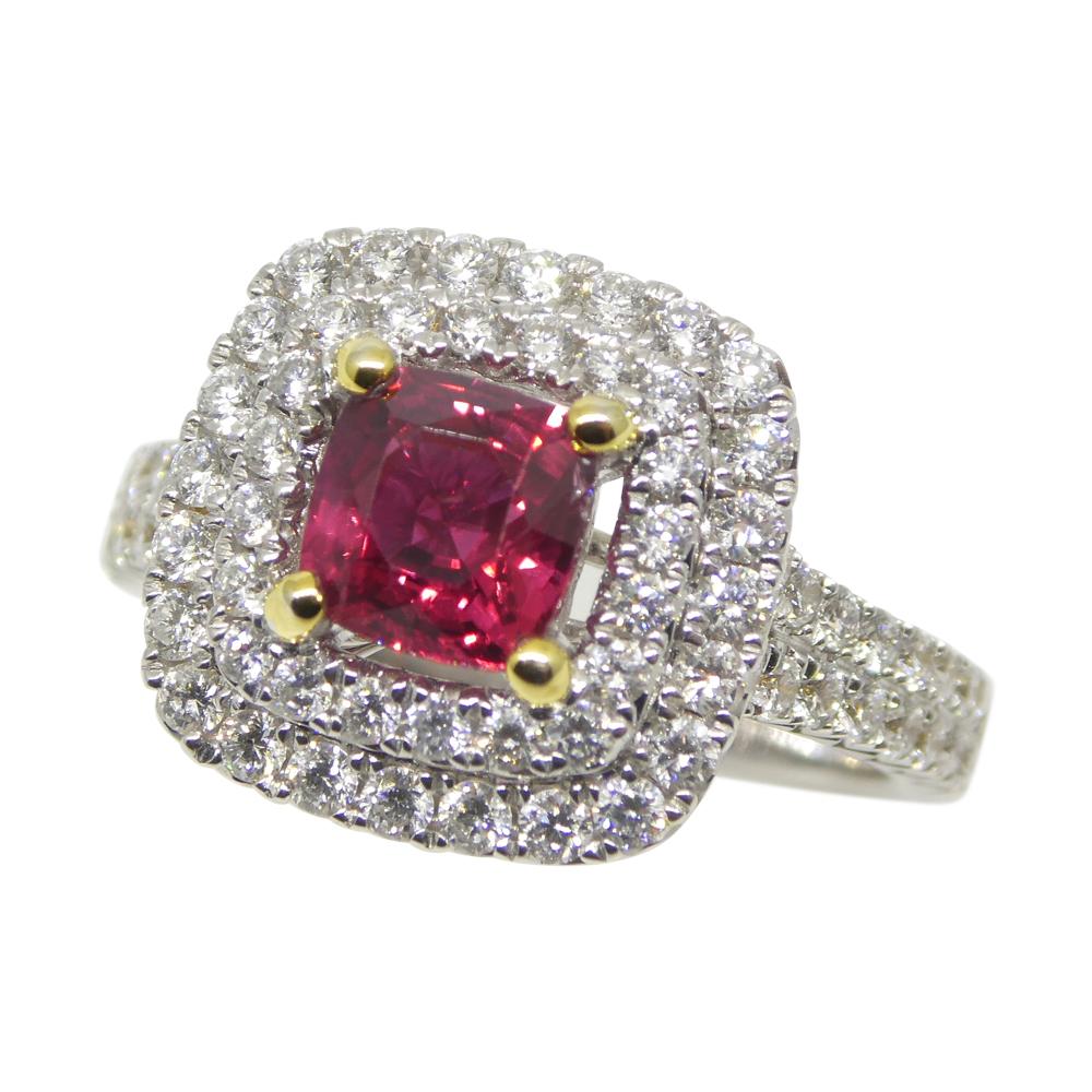 Women's or Men's 1.18ct Cushion Ruby, Diamond Engagement/Statement Ring in 18K White and Yellow G For Sale