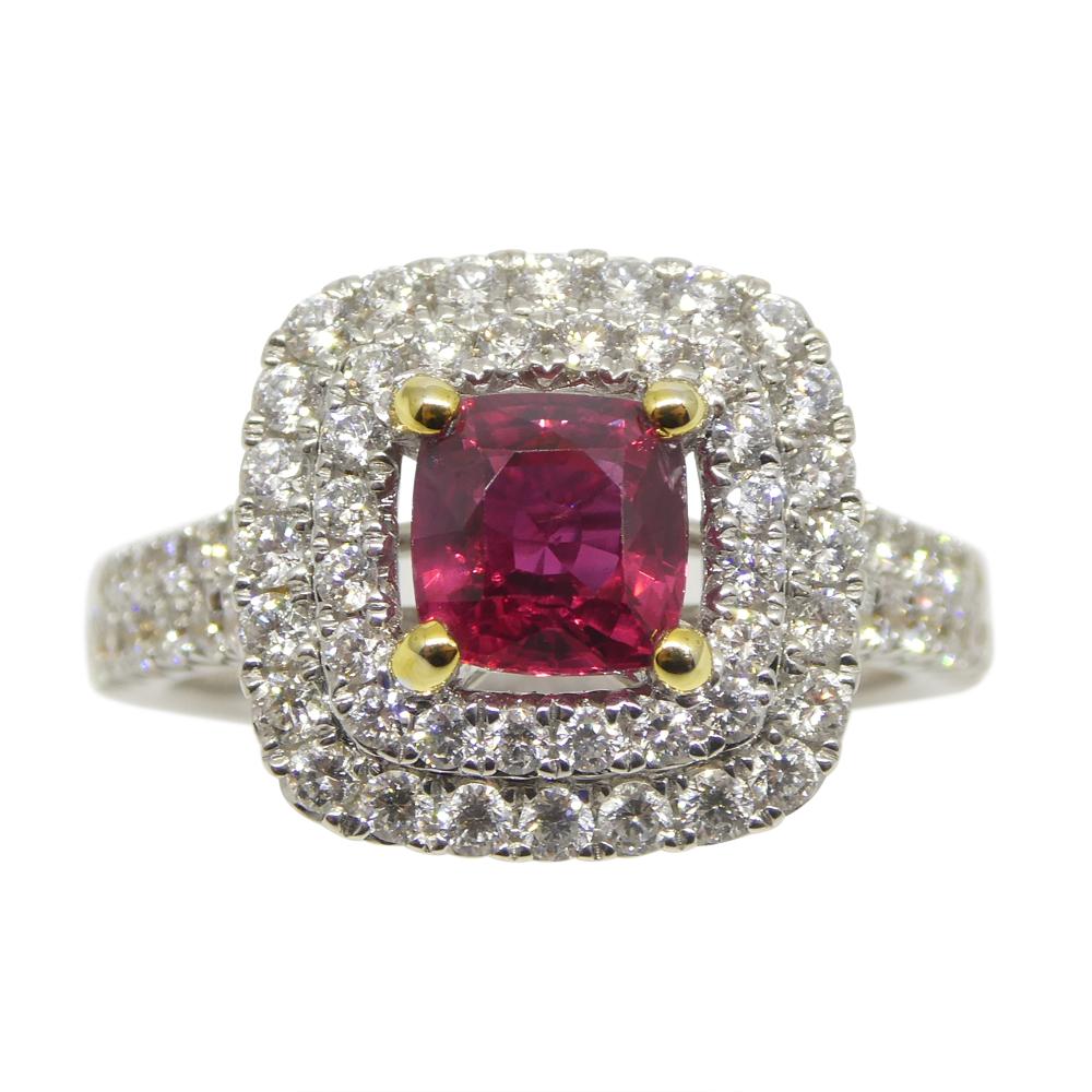 1.18ct Cushion Ruby, Diamond Engagement/Statement Ring in 18K White and Yellow G For Sale 1