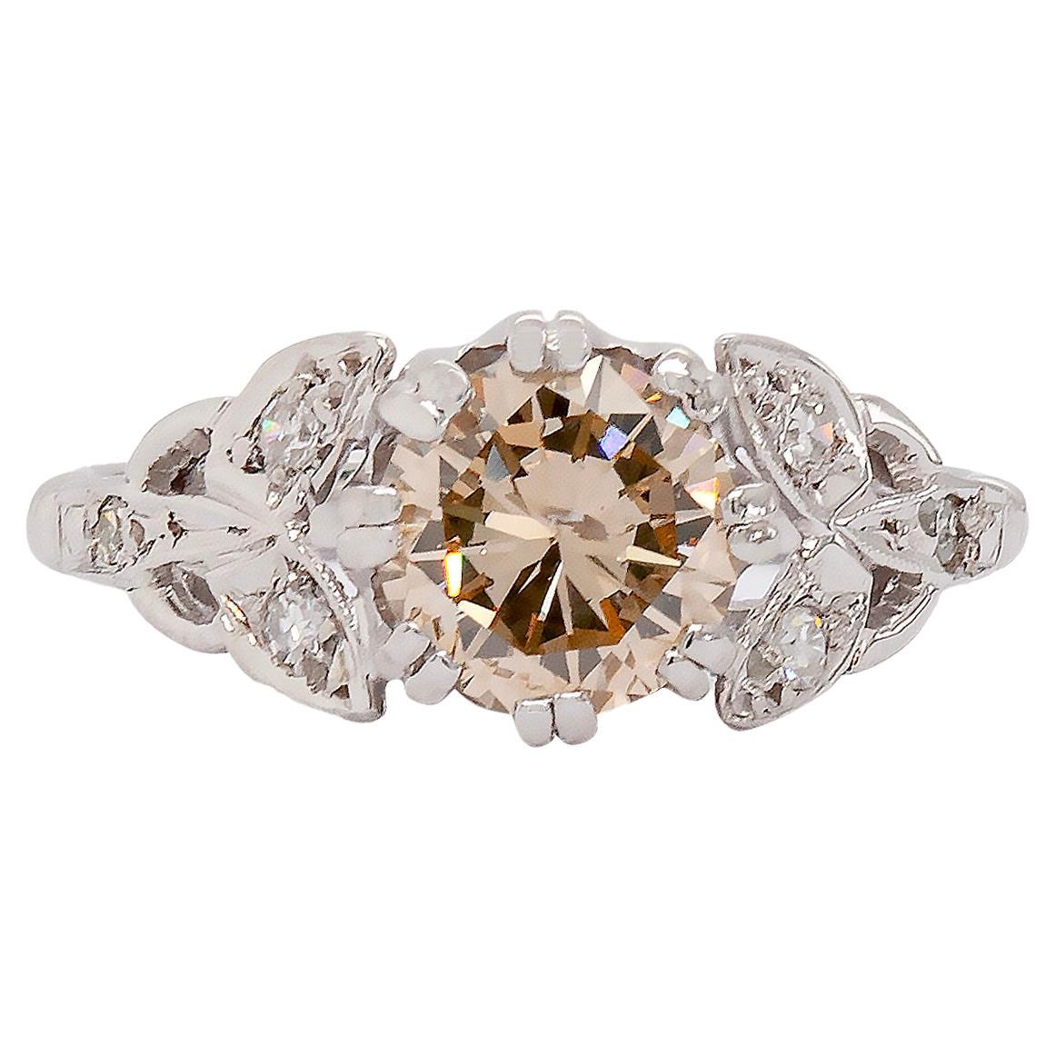 1.18ct Fancy Brown Round Brilliant Cut Diamond Platinum Engagement Ring For Sale