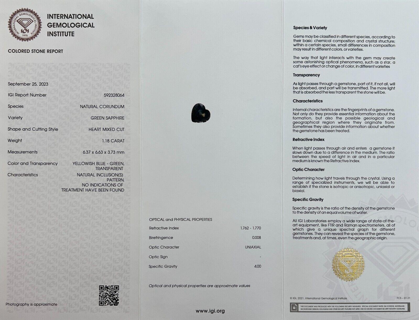 Saphir bicolore jaune bleu vert cœur non chauffé certifié IGI, 1,18 carat en vente 2