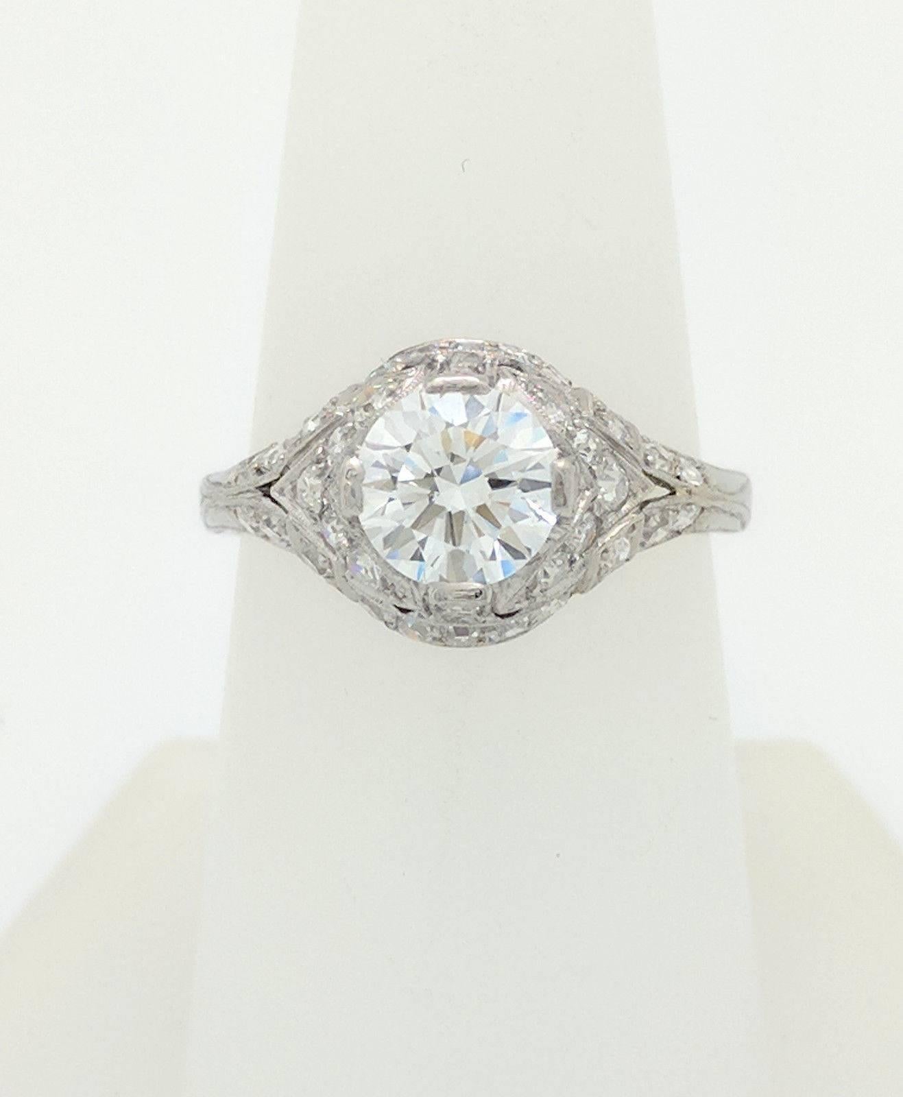Art Deco 1.18ct Natural Round Brilliant Cut Platinum Diamond Estate Engagement Ring SI2/H