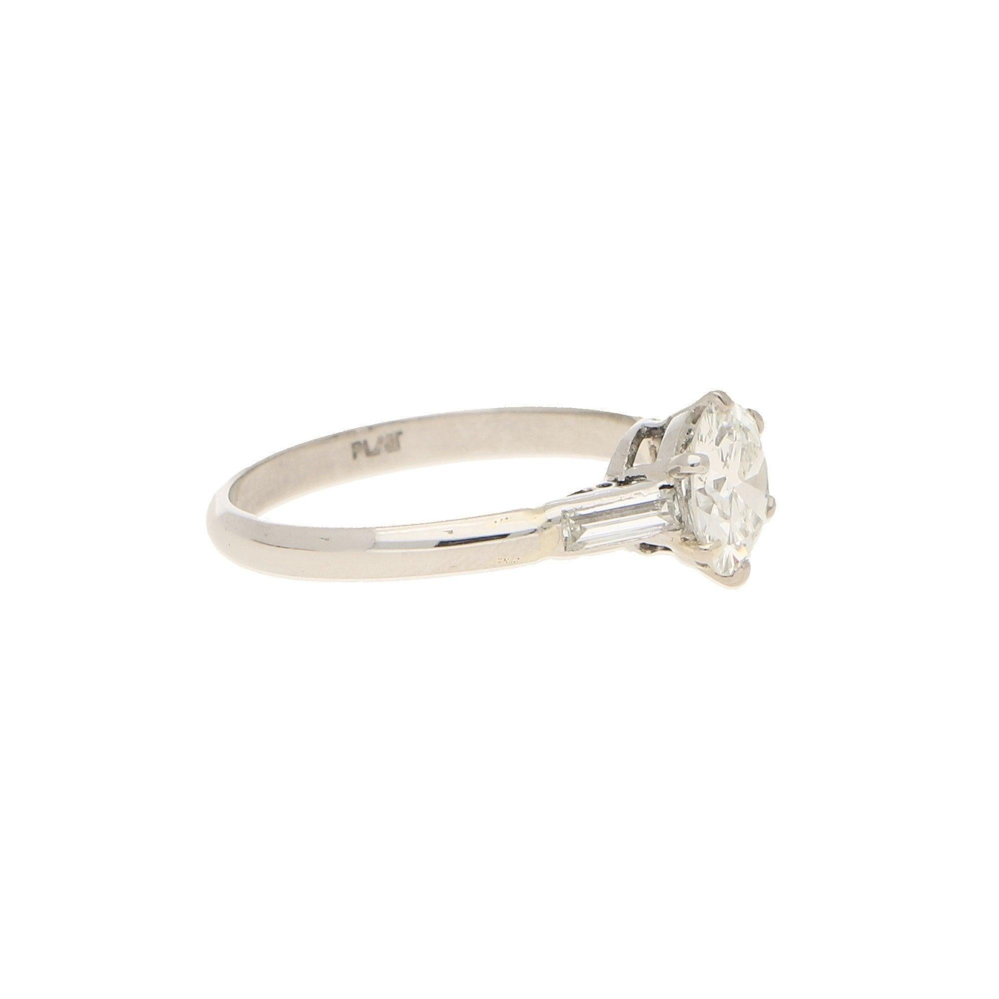 A beautiful old European brilliant cut solitaire diamond engagement ring set in platinum. The piece centrally features a certified old European brilliant-cut diamond which is six-claw-set in an open-back basket collet. This is then shouldered with