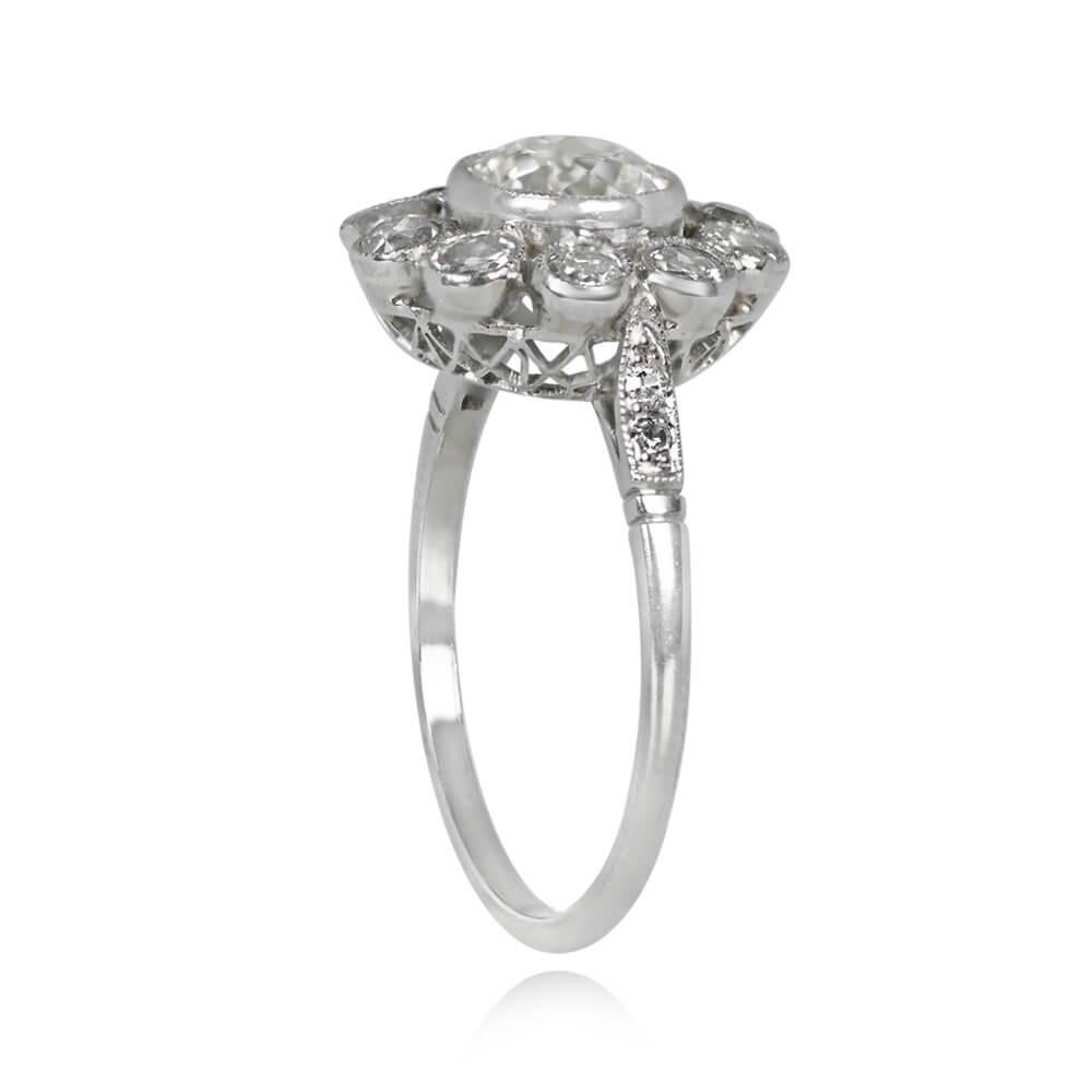 1.18ct Old European Cut Diamond Cluster Ring, I Color, Platinum In Excellent Condition For Sale In New York, NY