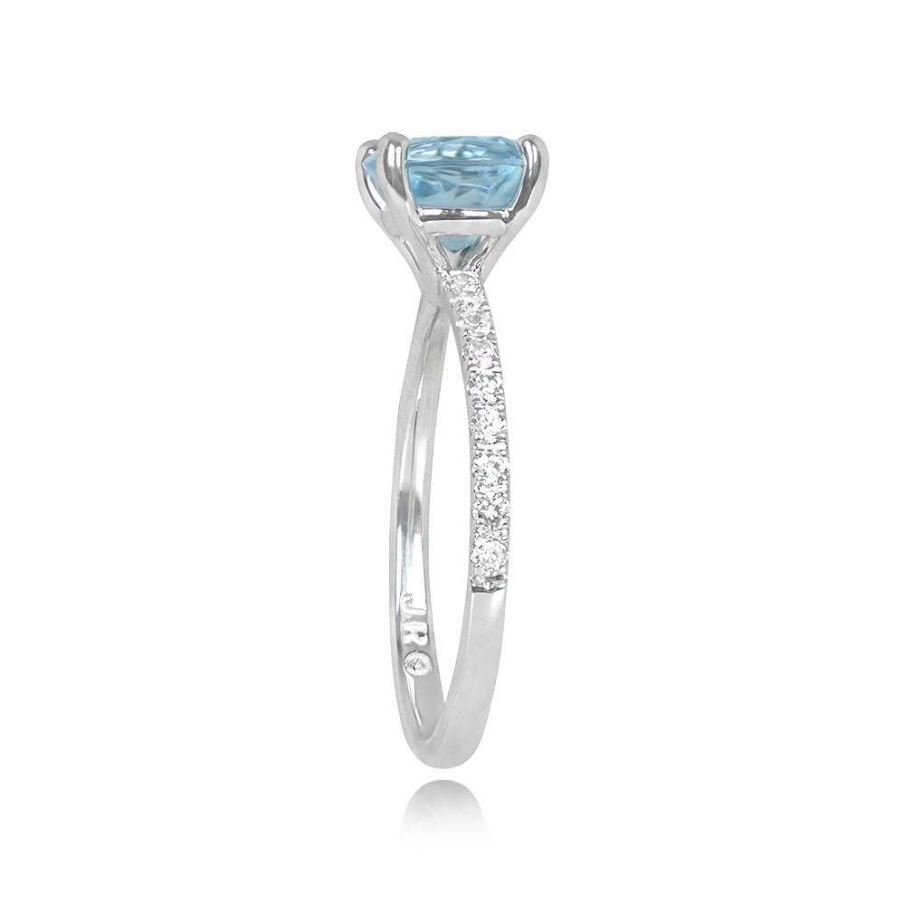 Art Deco 1.18ct Round Cut Aquamarine Engagement Ring, 18k White Gold For Sale