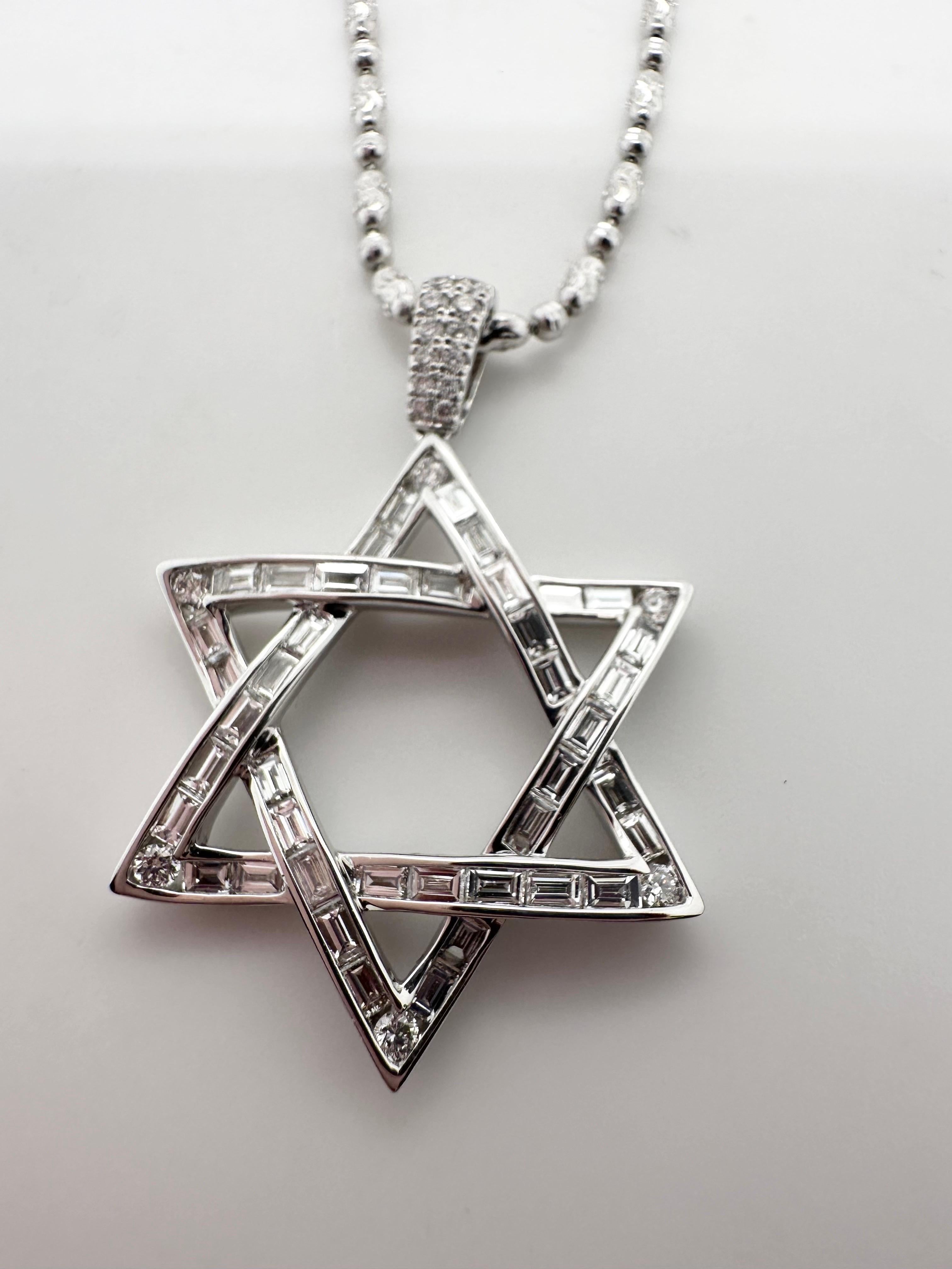 Large Star of David pendant necklace in 18KT white gold, made with natural diamonds 1.18ct VS clarity and F color, chain is 16