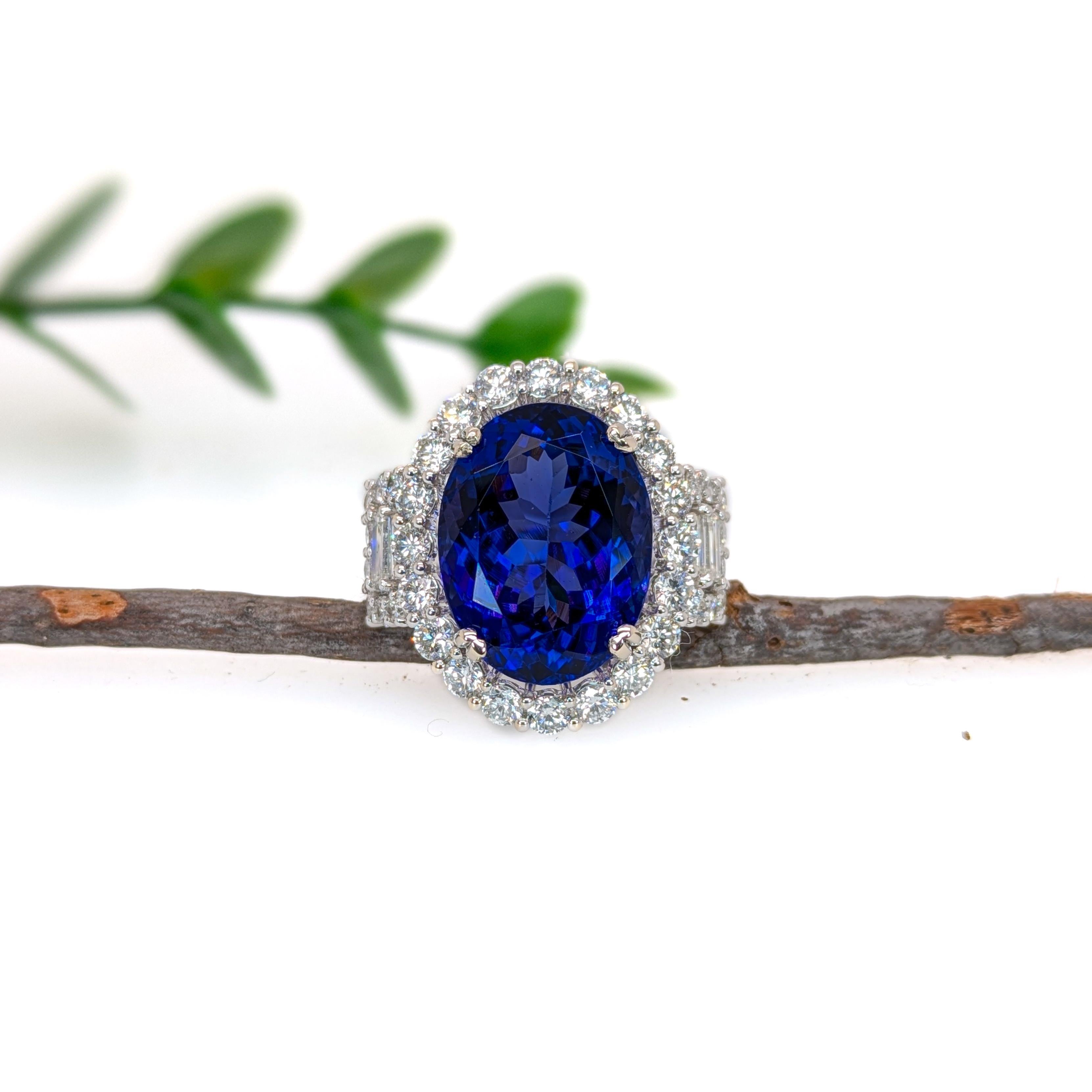Art Deco 11.8ct Statement Tanzanite Ring w Natural Earth Mined Diamonds in 14K White Gold For Sale