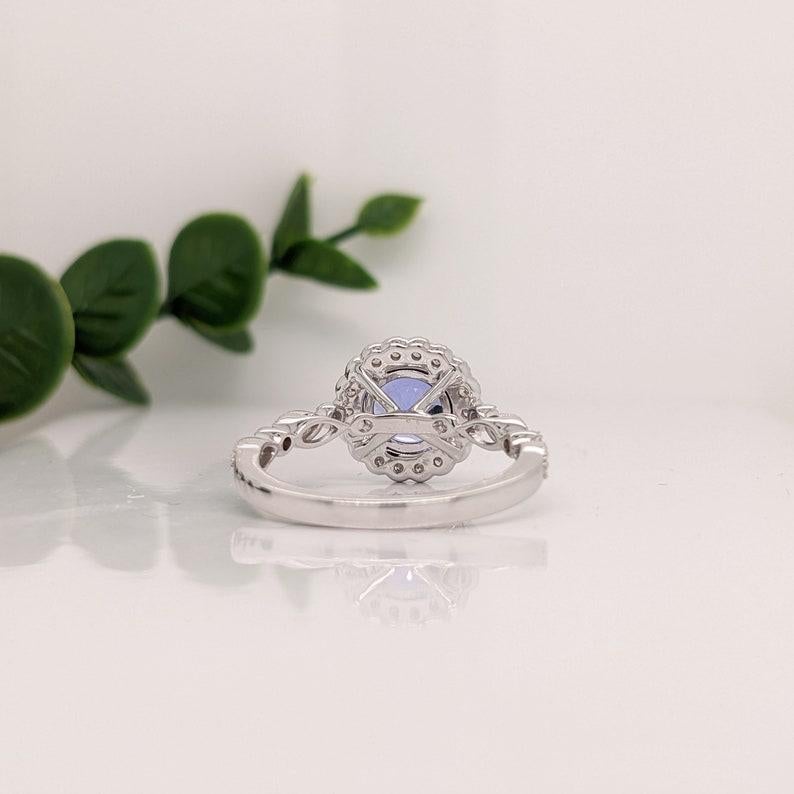 Round Cut Tanzanite Ring w Earth Mined Diamonds & Milgrain Detail in Solid 14K White Gold