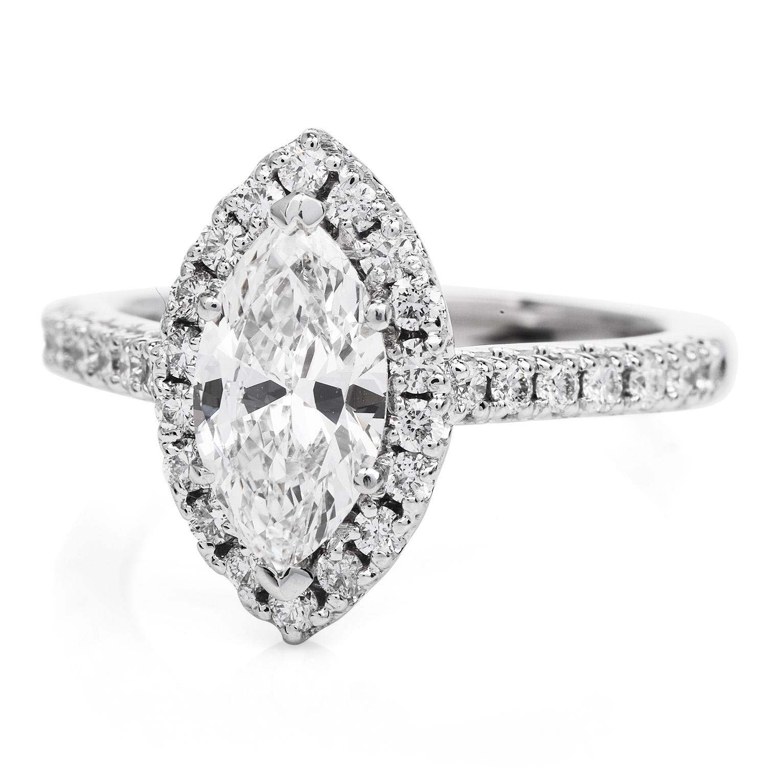 Feel Beloved with this Elongated Marquise Engagement Ring! 

This classic diamond engagement ring is crafted in solid 14k white gold.

Displaying a Center GIA graded 1.18 Carats Marquise cut Diamond, H color,  VVS2 clarity. Surrounded by 34