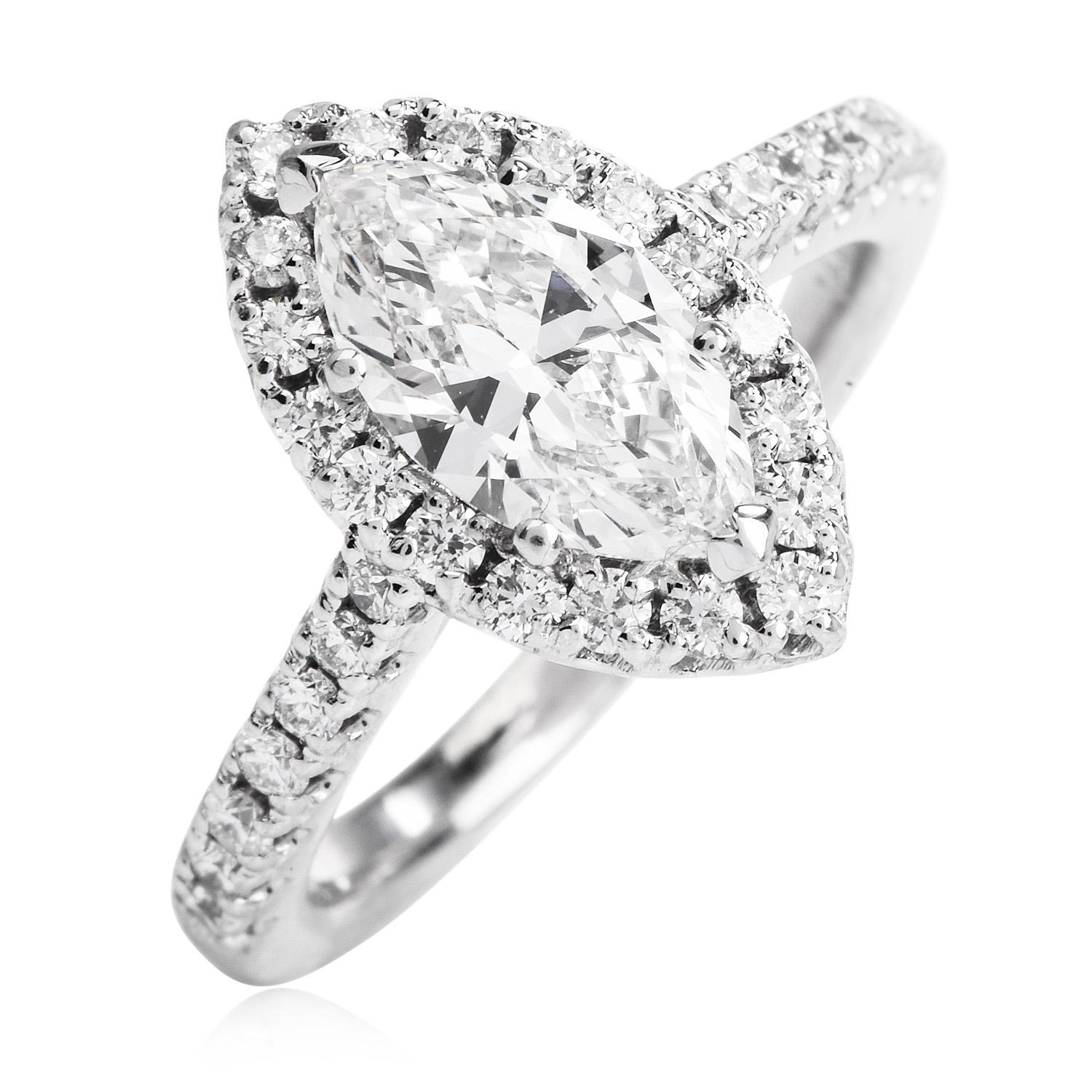 Modern 1.18cts GIA Marquise Cut Diamond Gold Halo Engagement Ring  For Sale