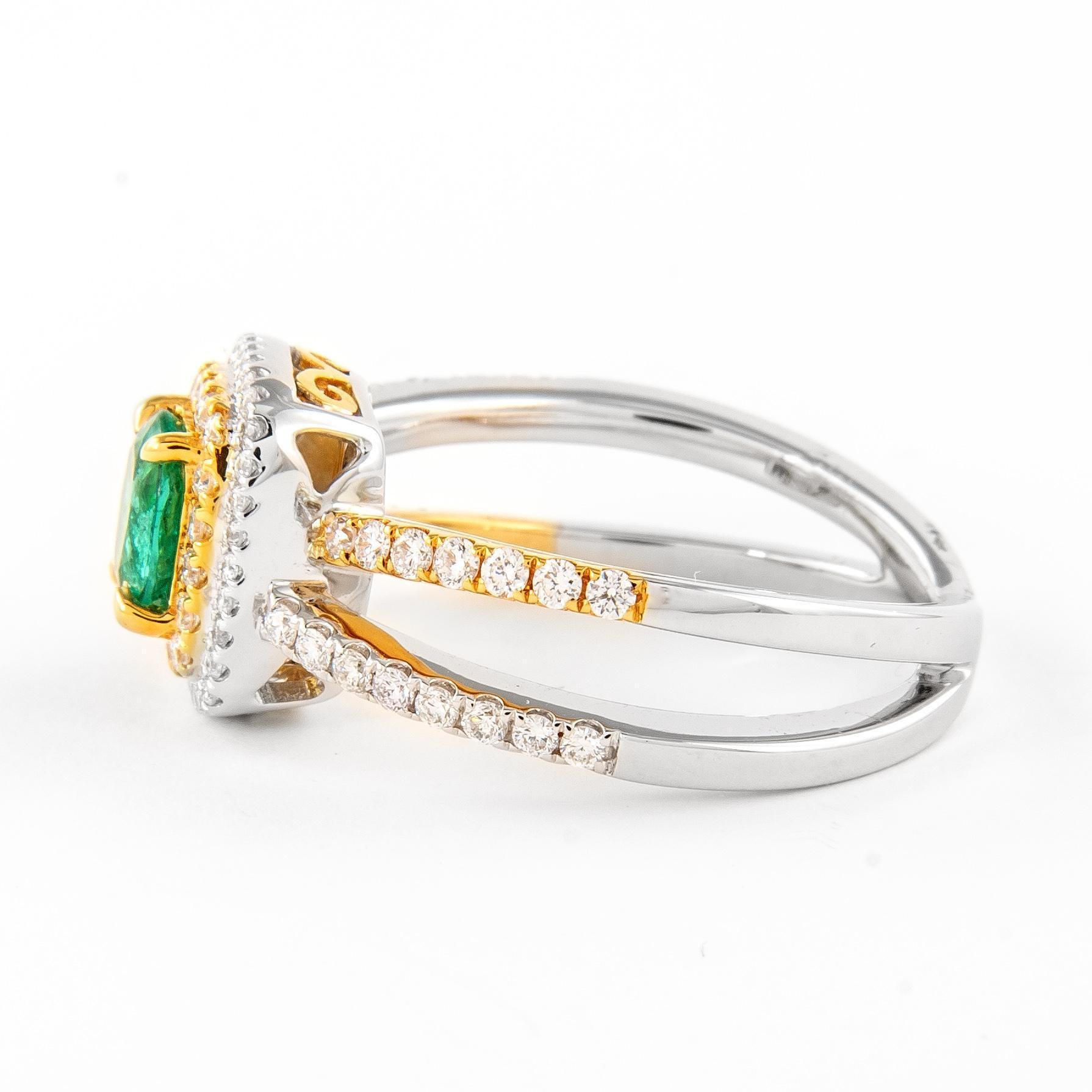Contemporary 1.18ctt Emerald and Diamond Ring with Halo White & Yellow Gold For Sale