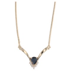 1.18ctw Blue Sapphire Diamond V Necklace 14k Yellow Gold 17" Herringbone Chain