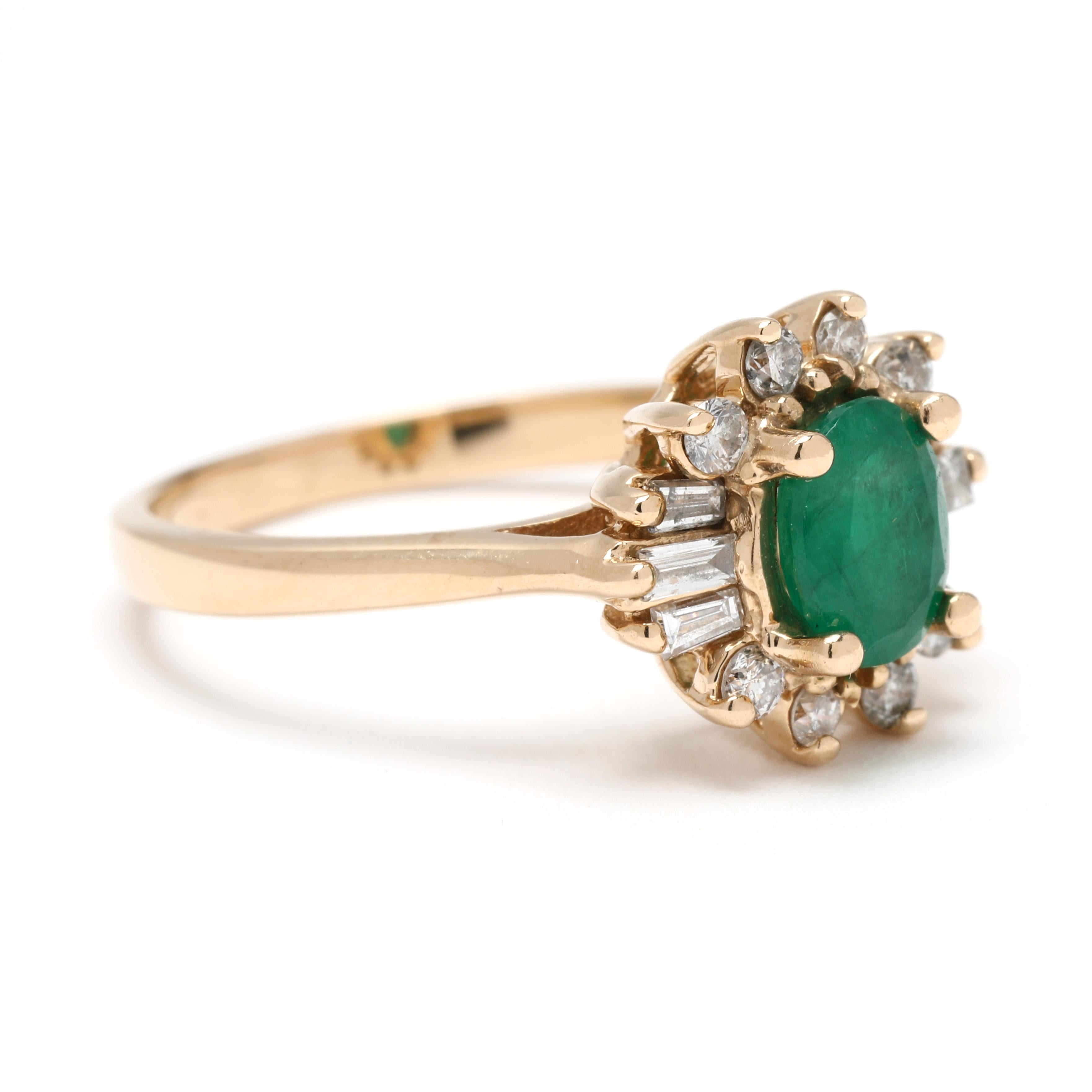Make a bold statement with this 1.18ctw emerald and diamond cocktail ring in 14k yellow gold. Featuring a vibrant emerald centerpiece surrounded by dazzling diamonds, this size 6.5 ring exudes luxury and sophistication. Perfect for special occasions