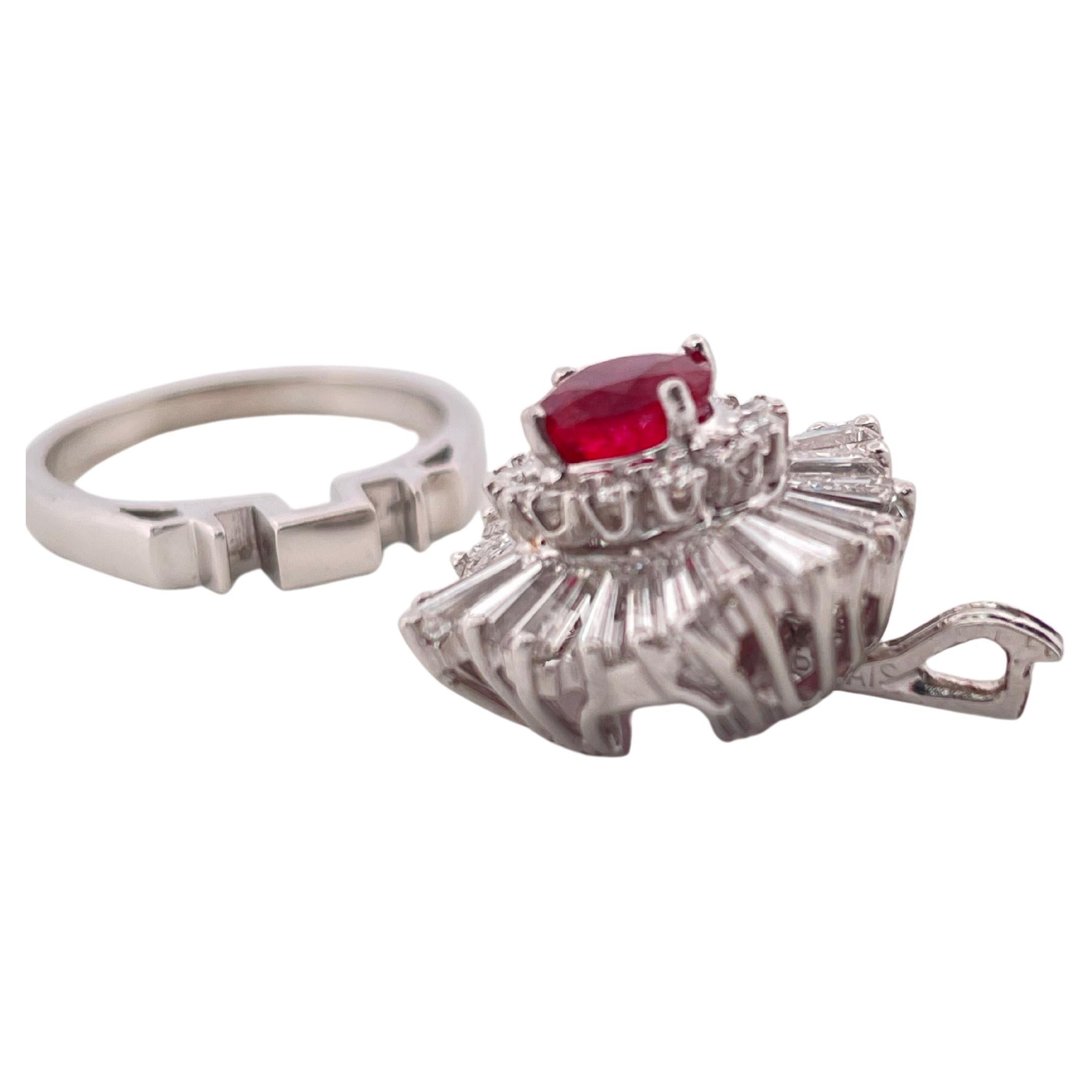 1.18ctw Oval Corundum Ruby & 3.00ctw F SI1 Diamond Ring/Pendant Set In Platinum In Good Condition For Sale In Sewickley, PA