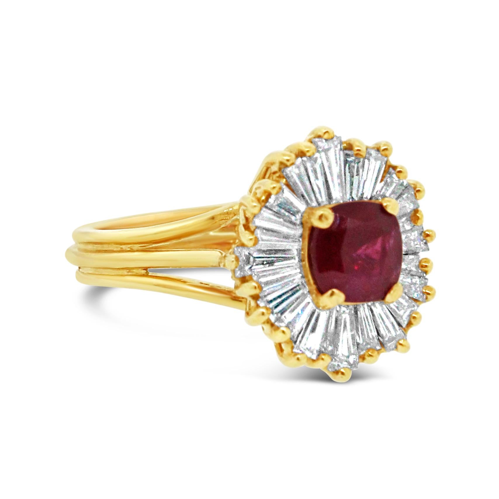18 kt Yellow Gold
Ring Size: 6
Diamond: 0.70 ct twd
Ruby: 0.50 ctw
Total Weight: 4.49 grams