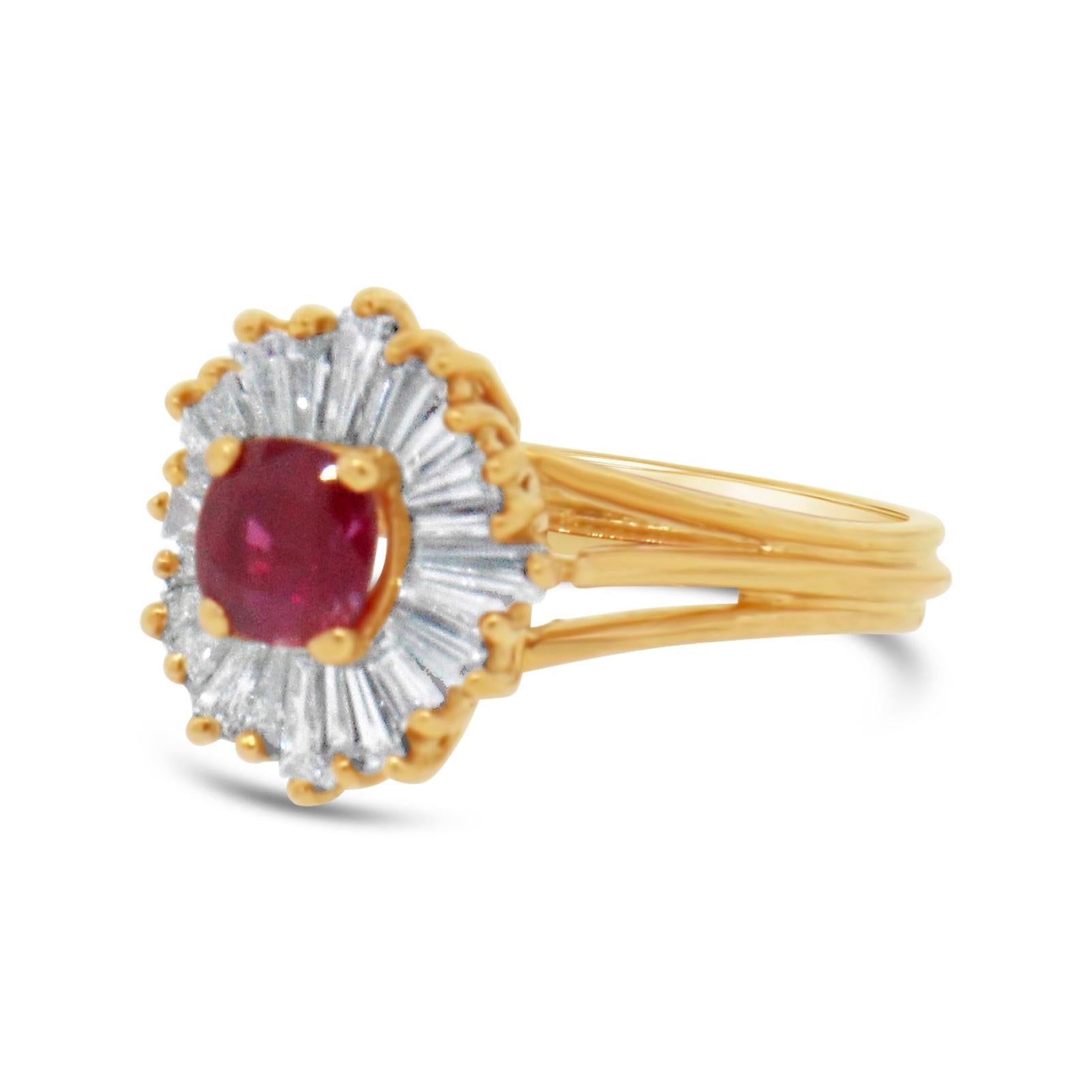 Cushion Cut 18kt Yellow Gold Ruby and Diamond Sweet Ballerina Ring For Sale