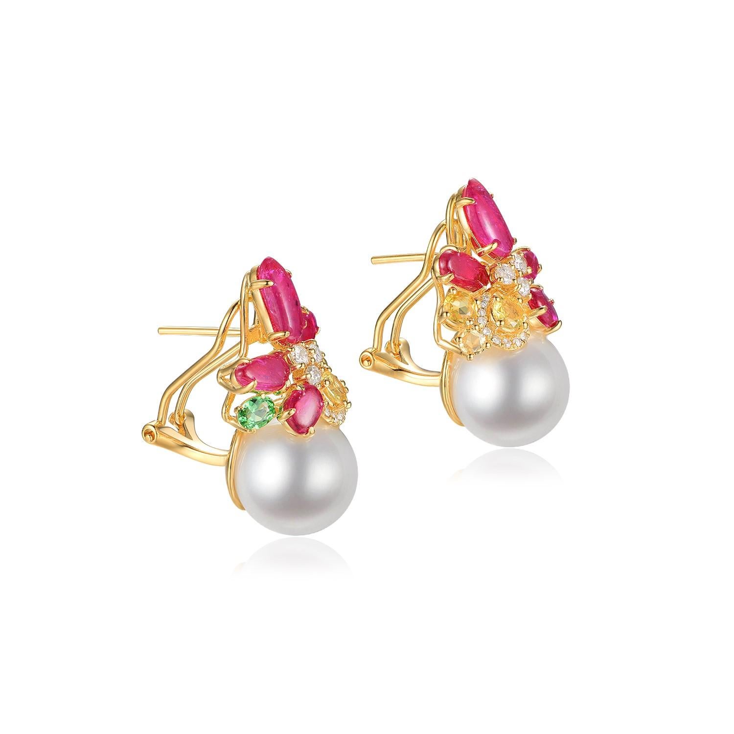Set against the backdrop of 18K gold vermeil over sterling silver, these earrings are a luxurious blend of color and radiance. Each piece is crowned with an 11.8mm South Sea pearl, the centerpiece known for its impressive size and lustrous sheen