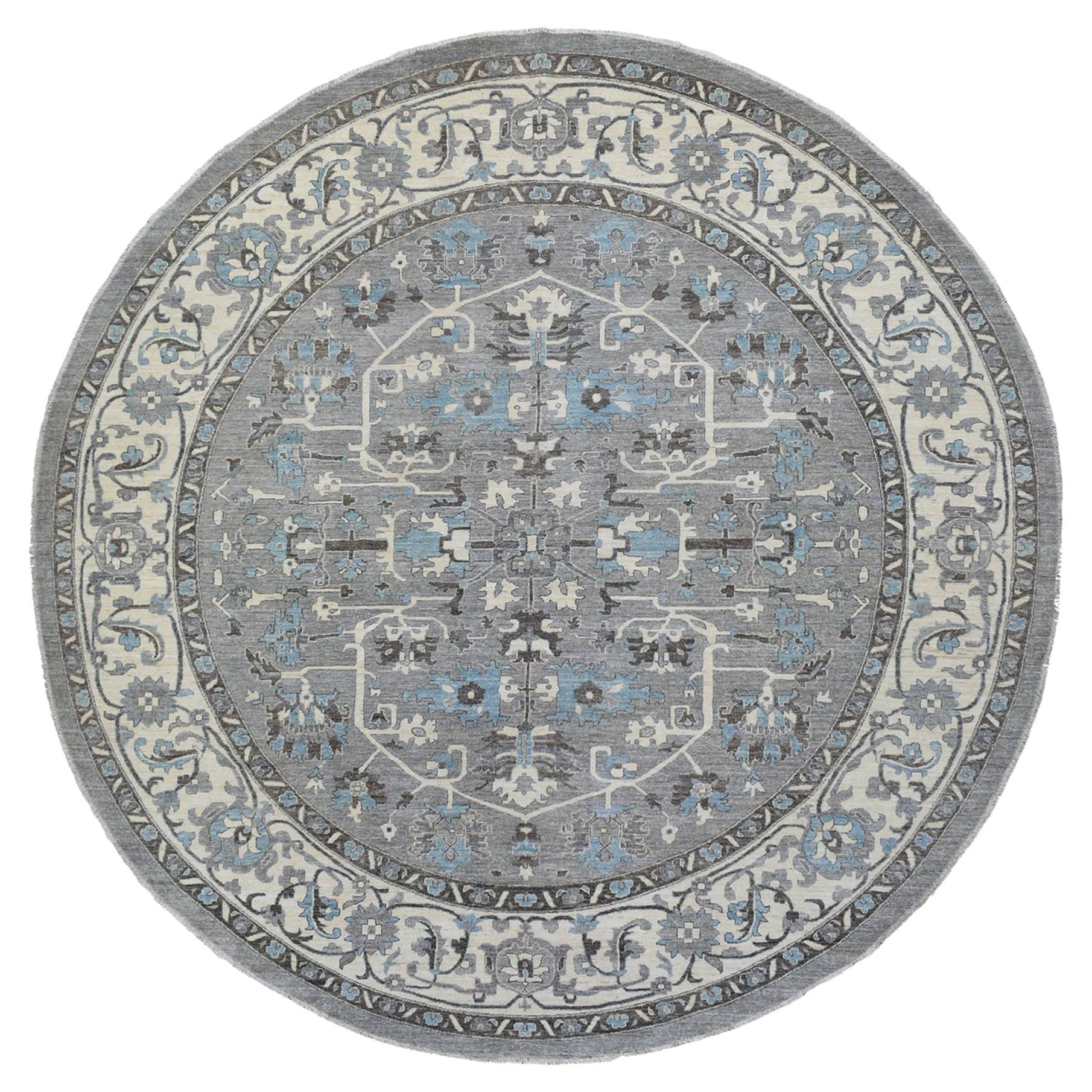 11'8 "x11'8" Grigio Tappeto rotondo orientale in pura lana Heriz Fine Peshawar annodato a mano in vendita