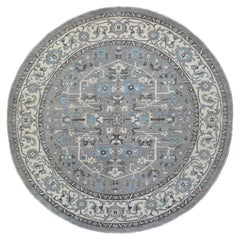 11'8 "x11'8" Grigio Tappeto rotondo orientale in pura lana Heriz Fine Peshawar annodato a mano