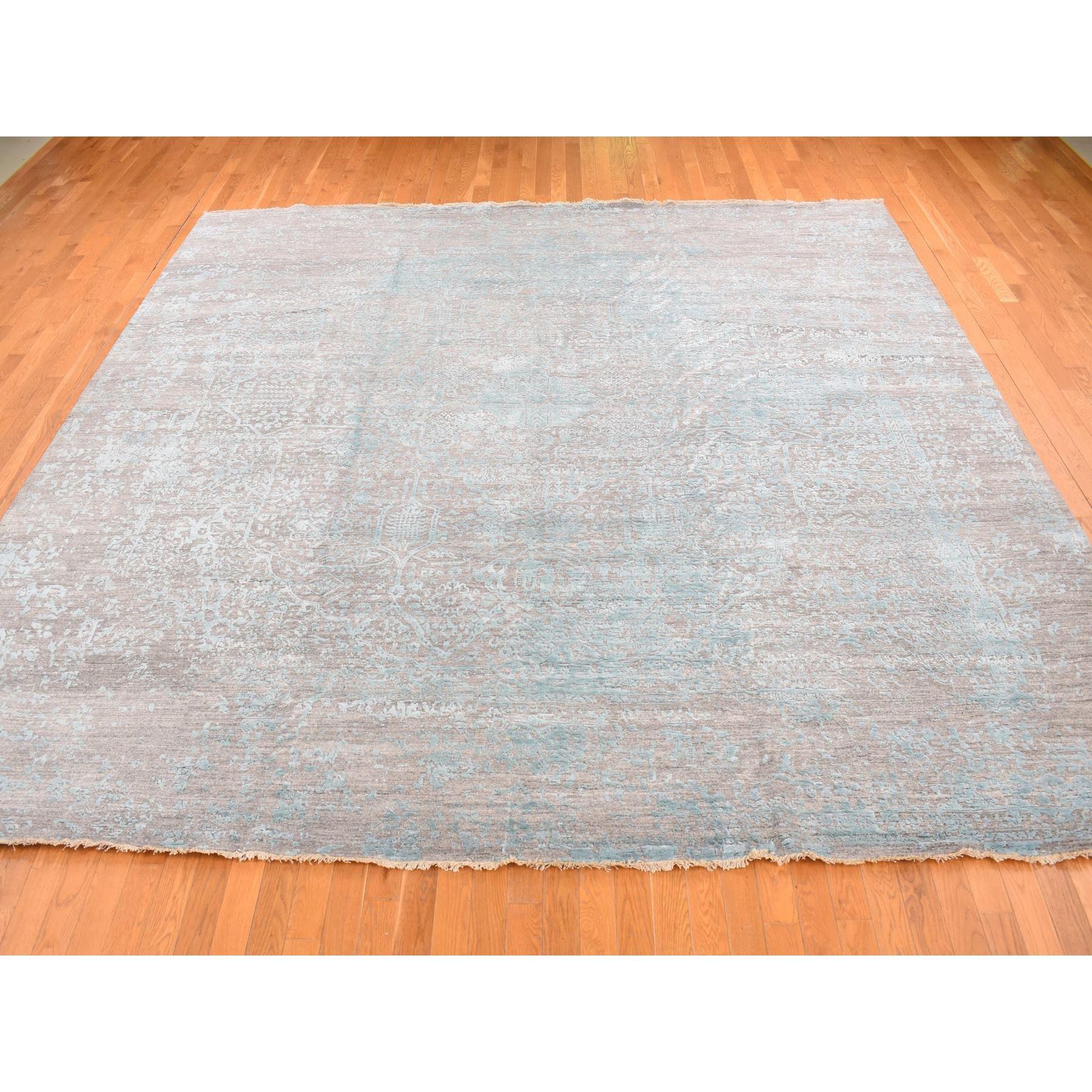 Sea Foam Green, Hand Knotted, Broken Persian Design, Square, Wool and Silk, Oriental Rug

Primary materials: Wool & Silk
Latex: No Pile 
height: 0.25 Inches
Style: Transitional
Primary color: Green
Secondary colors: Light Blue, Taupe
Pattern:
