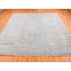 11'8 "x11'8" Grüner handgeknüpfter Broken Persian Design Quadratischer Teppich aus Wolle und Seide