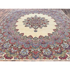 11'8 "x13'7" Elfenbein Vintage Persisch Kerman Saubere Hand geknotet weiche Wolle Quadratische Teppiche