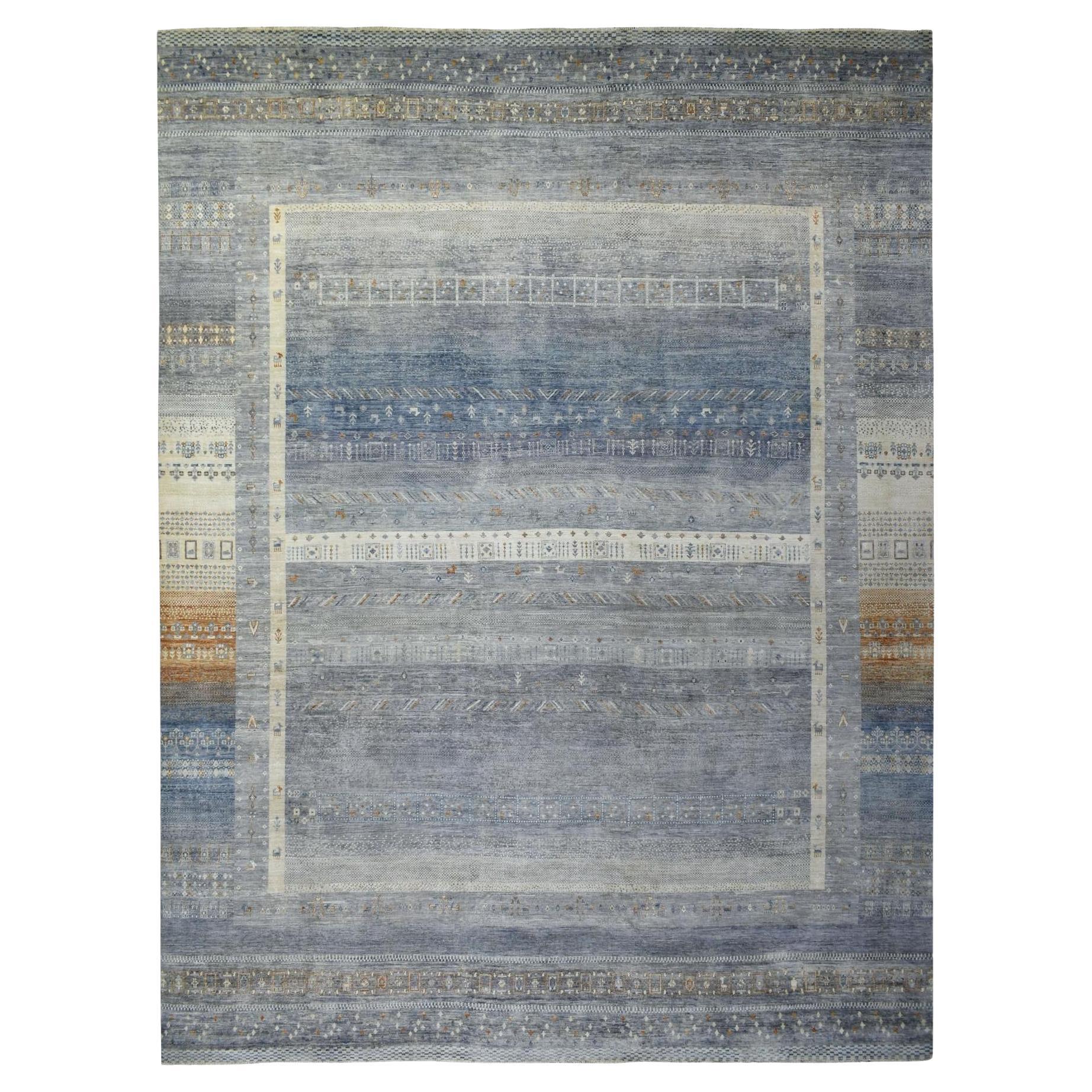 11'8 "x14' Gris, Afghan Kashkuli Gabbeh, Laine filée à la main, Tapis noué à la main