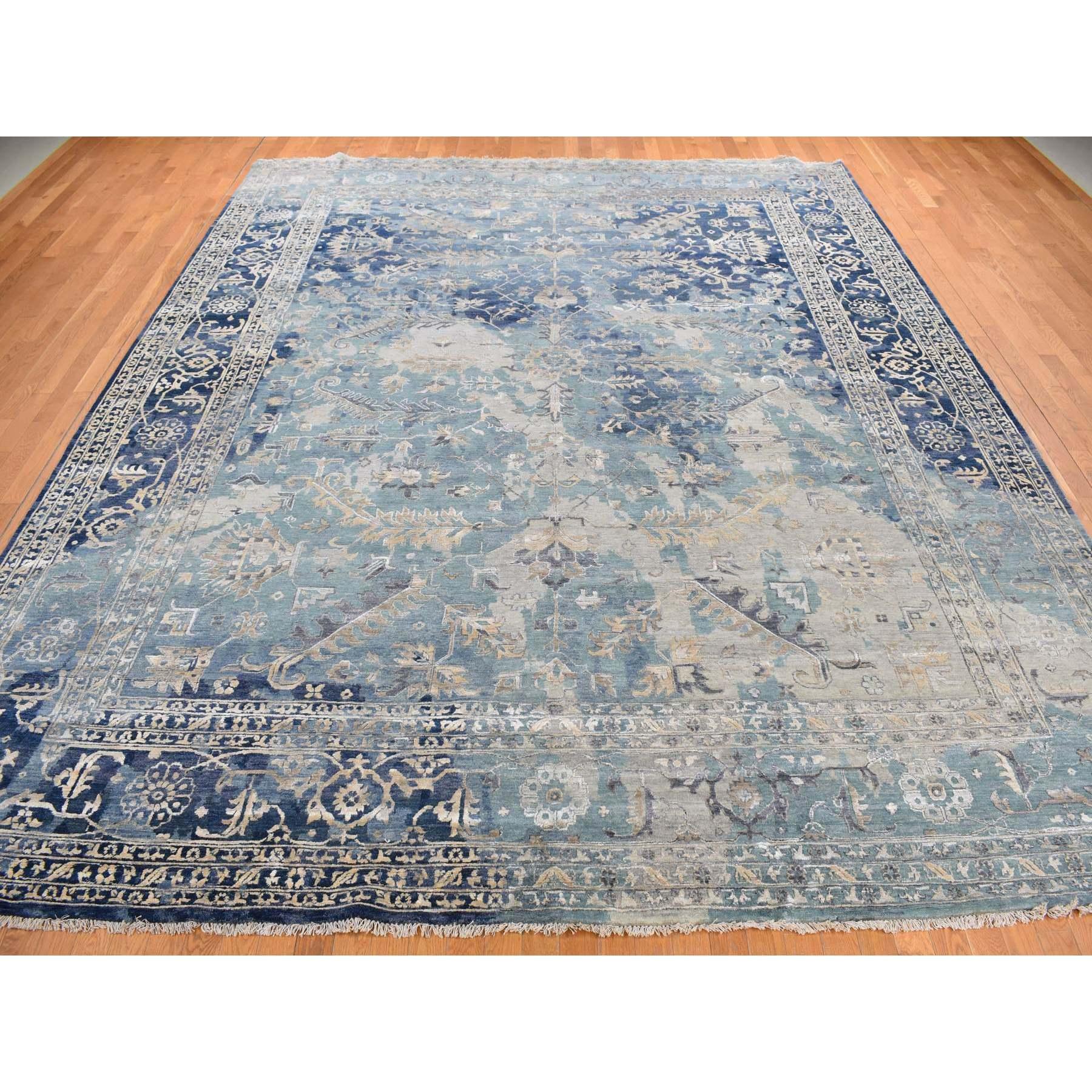 Air Force Blue, Broken Persian Heriz Erased Design, Wool and Silk, Hand Knotted, Oversized Oriental Rug
Primary materials: Wool
Latex: No Pile 
height: 0.25 Inches
Style: Transitional
Primary color: Blue
Secondary colors: Cream Color, White,