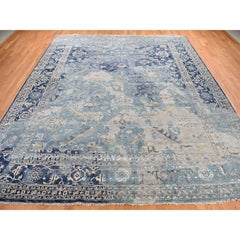 11'8"x14'8" Blue Persian Heriz Design Wool and Silk Hand Knotted Oriental Rug
