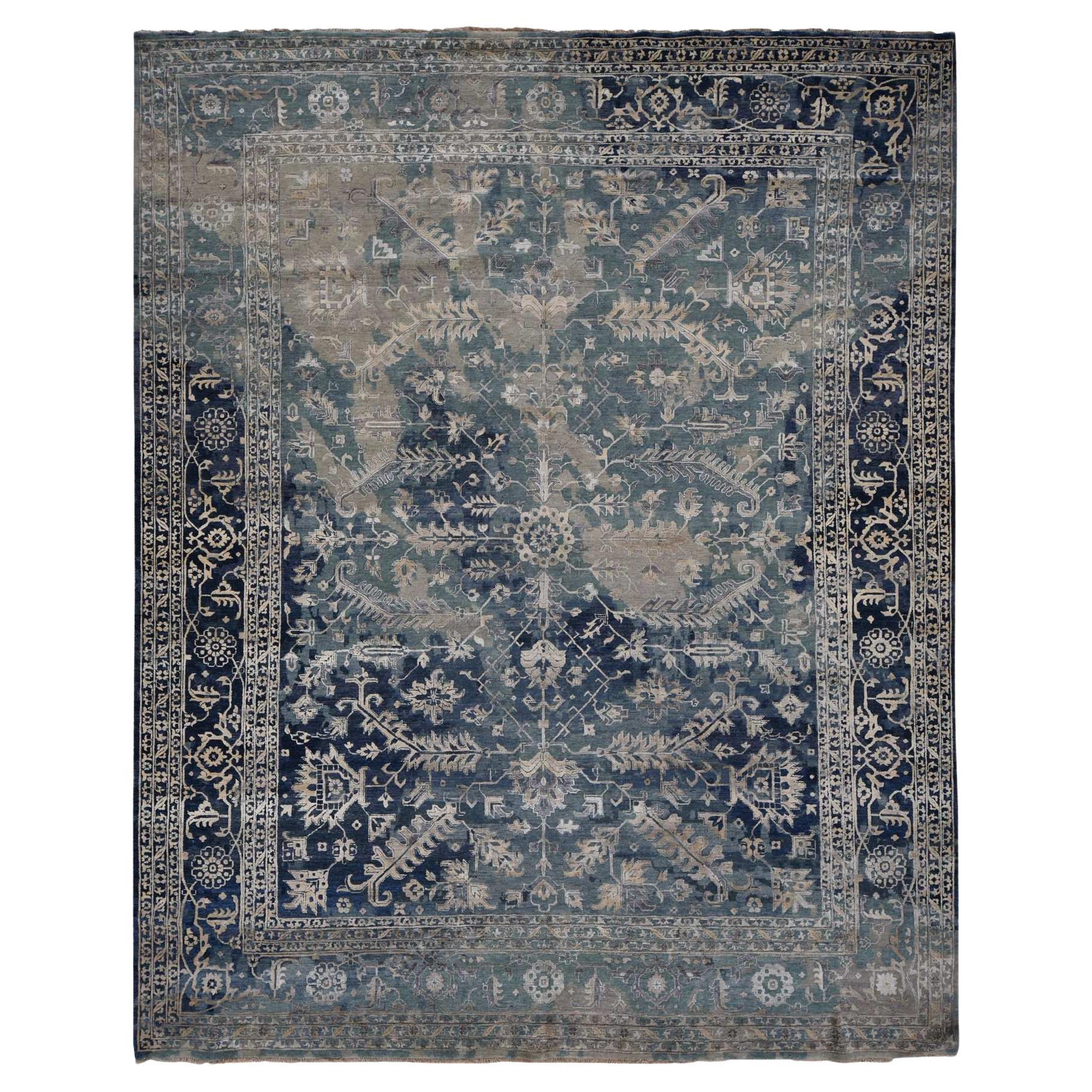 11'8"x14'8" Blue Persian Heriz Design Wool and Silk Hand Knotted Oriental Rug For Sale