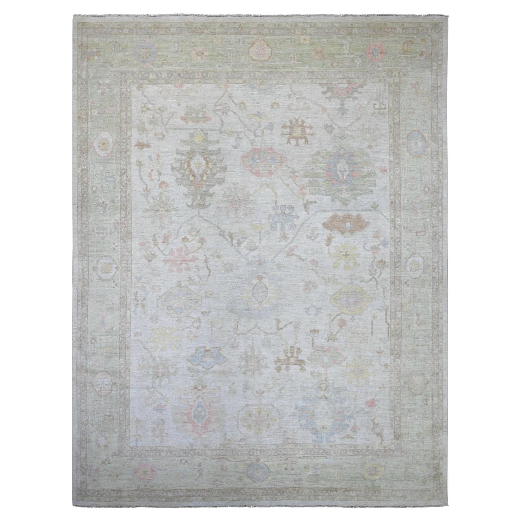 11'8"x15' Gray Afghan Angora Oushak with Leaf Design Wool Hand Knotted XL Rug